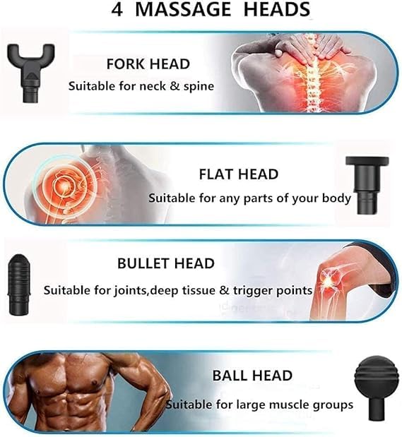 Gun Massager, 4 Heads, 6 Speed, Rechargeable, Handheld, Percussion Muscle Massager for Full Body Pain Relief, Muscle